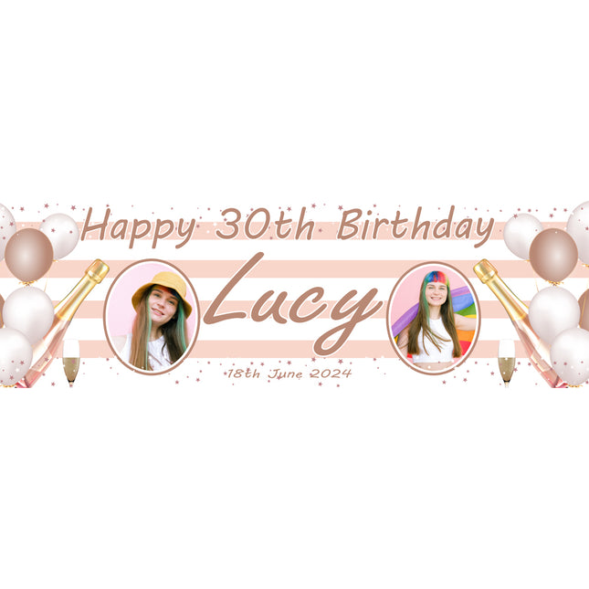 Champagne, Bubbles In 30th Birthday Rose Gold Personalised Photo Banner