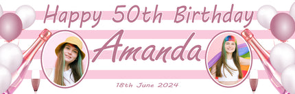 Champagne, Bubbles In 50th Birthday Pink Personalised Photo Banner