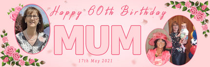 60th Birthday Pink Rose Floral Party Personalised Photo Banner
