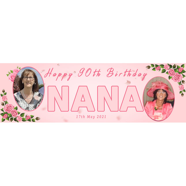 90th Birthday Pink Rose Floral Party Personalised Photo Banner
