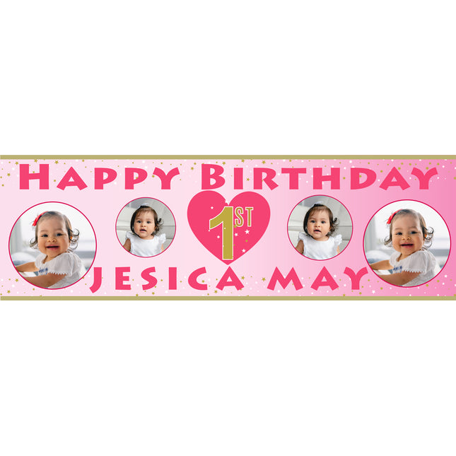Girls Heart 1st  Birthday Party Personalised Photo Banner
