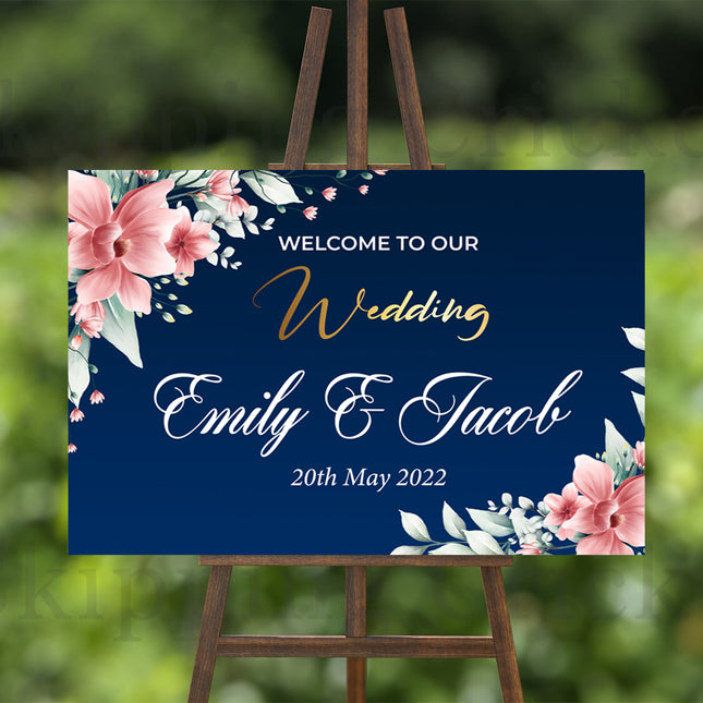 Deep Blue Pink Floral Personalised Welcome Board
