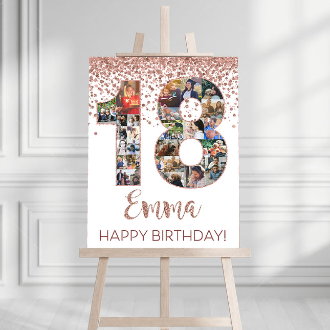Rose Gold Birthday Number Collage Personalised Welcome Board