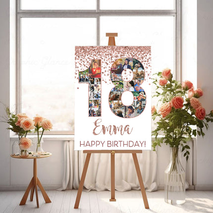 Rose Gold Birthday Number Collage Personalised Welcome Board