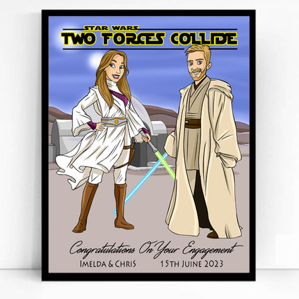 Two Forces Collide Star Wars CartoonMeNow Caricature Portrait Engagment Gift