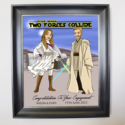 Two Forces Collide Star Wars CartoonMeNow Caricature Portrait Engagment Gift