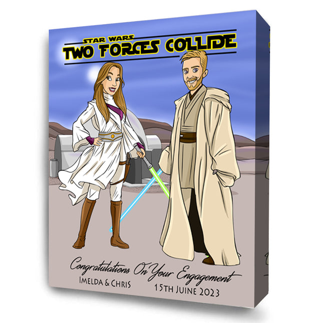 Two Forces Collide Star Wars CartoonMeNow Caricature Portrait Engagment Gift