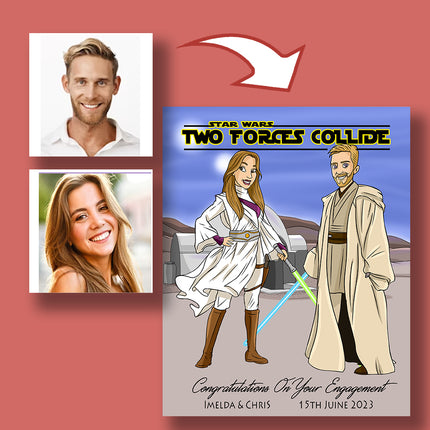 Two Forces Collide Star Wars CartoonMeNow Caricature Portrait Engagment Gift