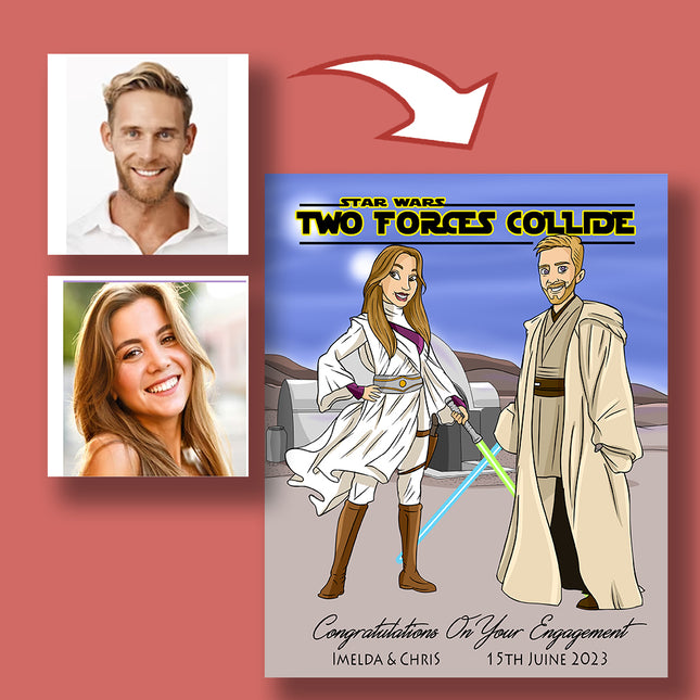 Two Forces Collide Star Wars CartoonMeNow Caricature Portrait Engagment Gift