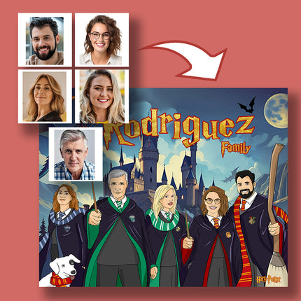 Hogwarts Wizard House CartoonMeNow Hand Drawn Caricature Family Portrait