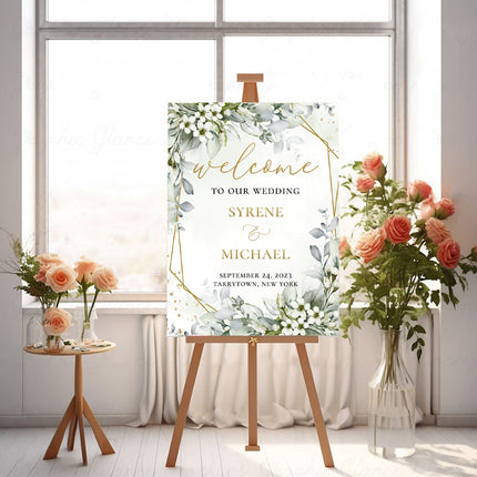 Gold Framed Green Floral Personalised Welcome Board