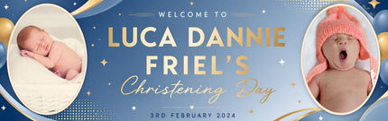 Divine Dedication Blue and Gold Custom Christening Personalised Banner