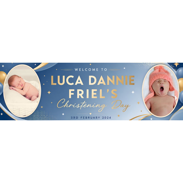 Divine Dedication Blue and Gold Custom Christening Personalised Banner
