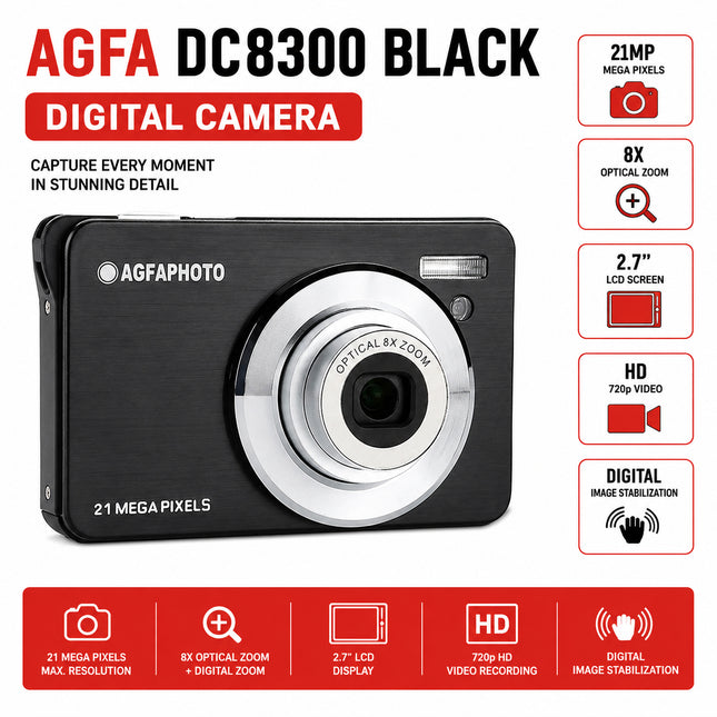 AgfaPhoto Realishot DC8300 Black Digital Camera 21MP, 8x Optical Zoom