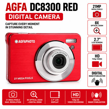 AgfaPhoto Realishot DC8300 Red Digital Camera 21MP, 8x Optical Zoom