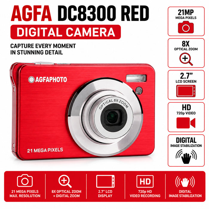 AgfaPhoto Realishot DC8300 Red Digital Camera 21MP, 8x Optical Zoom