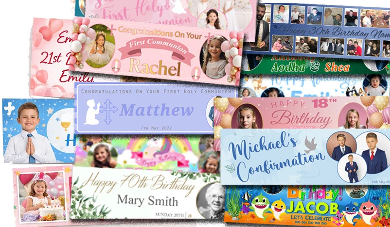 Personalised photo banners from Domore, customised with photos, names and messages