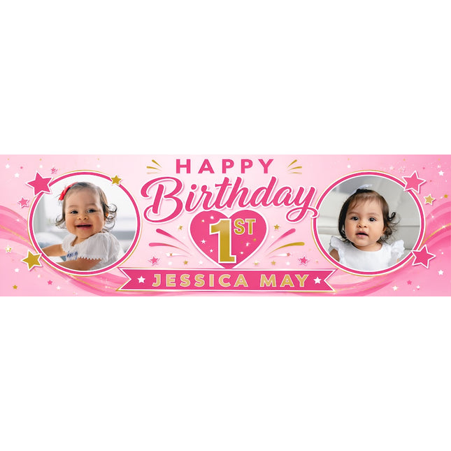 Girls Heart 1st  Birthday Party Personalised Photo Banner