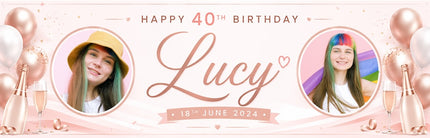 Champagne, Bubbles In 40th Birthday Rose Gold Personalised Photo Banner