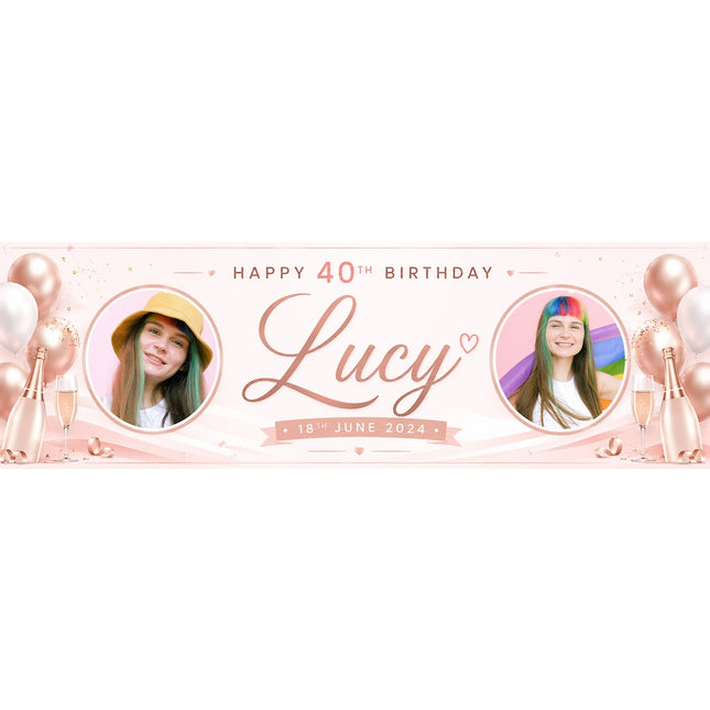 Champagne, Bubbles In 40th Birthday Rose Gold Personalised Photo Banner