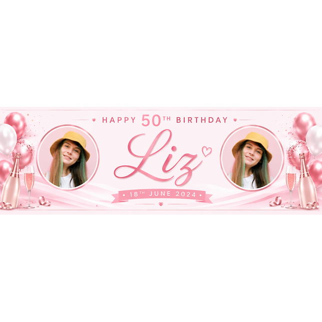 Champagne, Bubbles In 50th Birthday Pink Personalised Photo Banner