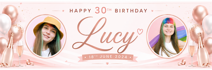 Champagne, Bubbles In 30th Birthday Rose Gold Personalised Photo Banner