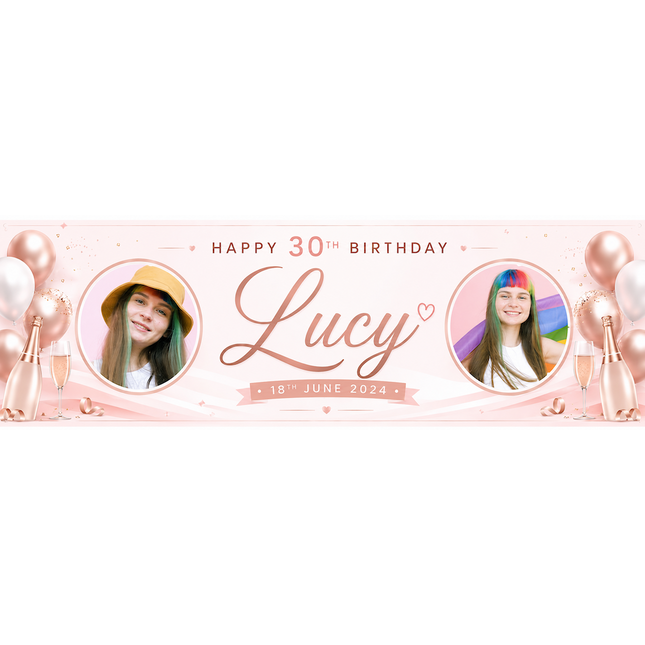 Champagne, Bubbles In 30th Birthday Rose Gold Personalised Photo Banner