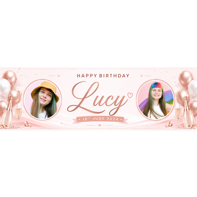 Champagne, Bubbles In Rose Gold Personalised Photo Banner