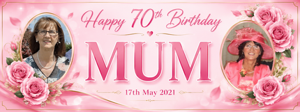70th Birthday Pink Rose Floral Party Personalised Photo Banner