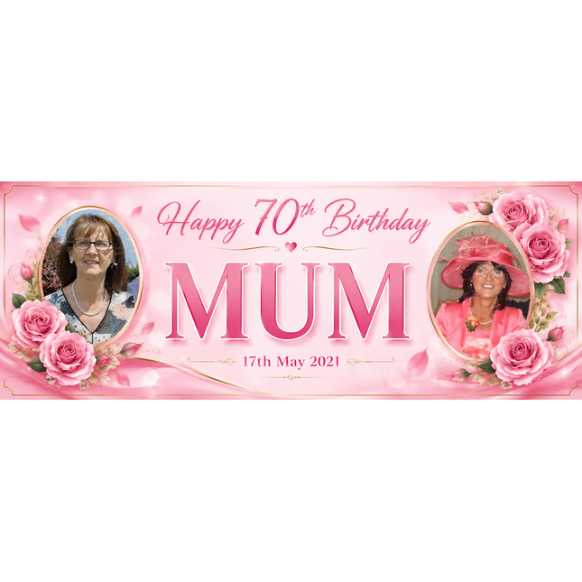 70th Birthday Pink Rose Floral Party Personalised Photo Banner