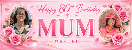 80th Birthday Pink Rose Floral Party Personalised Photo Banner