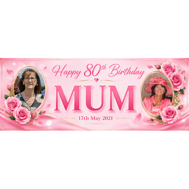 80th Birthday Pink Rose Floral Party Personalised Photo Banner