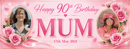90th Birthday Pink Rose Floral Party Personalised Photo Banner