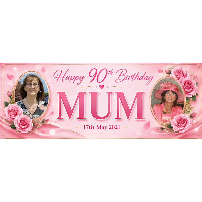 90th Birthday Pink Rose Floral Party Personalised Photo Banner