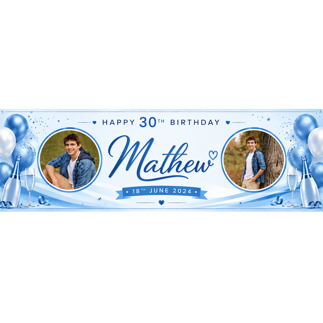Champagne, Bubbles In 30th Birthday Rose Gold Personalised Photo Banner