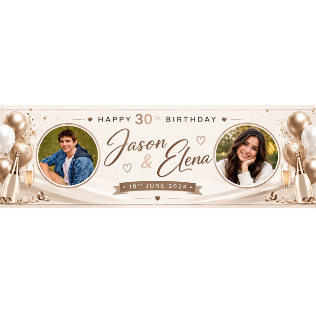Champagne, Bubbles In 30th Birthday Rose Gold Personalised Photo Banner