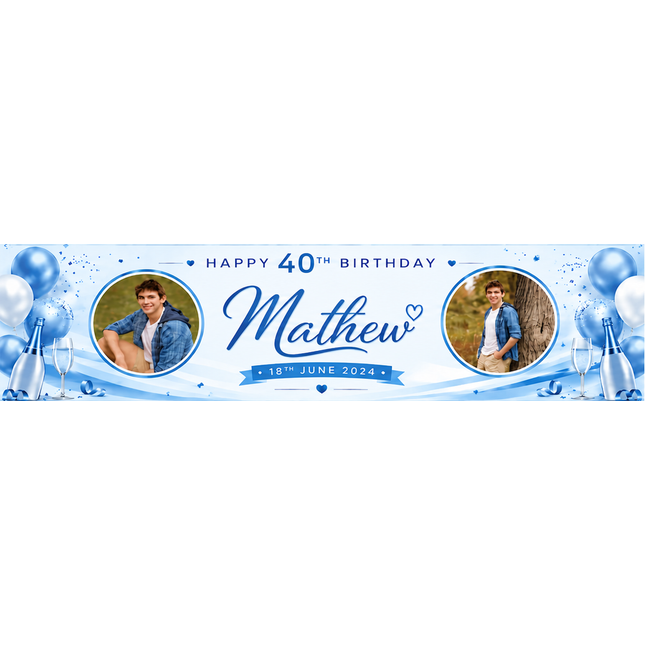 Champagne, Bubbles In 40th Birthday Rose Gold Personalised Photo Banner