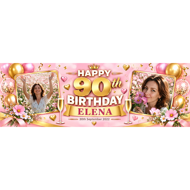 Black + Gold 90th Birthday Personalised Birthday Banner