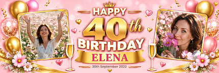 Black + Gold 40th birthday Personalised Birthday Banner