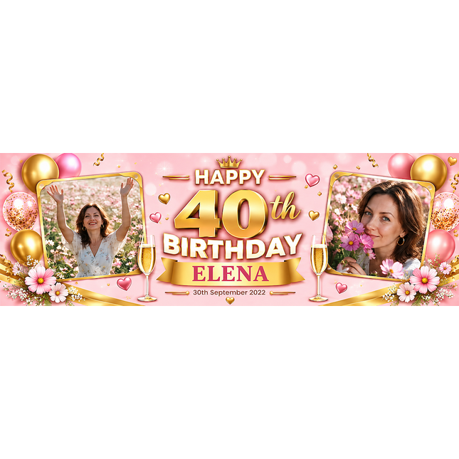 Black + Gold 40th birthday Personalised Birthday Banner