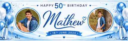 Champagne, Bubbles In 50th Birthday Pink Personalised Photo Banner