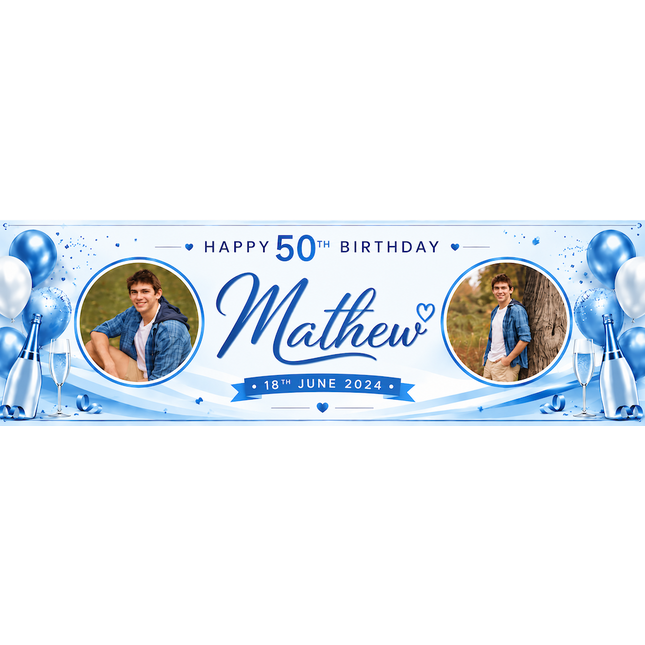 Champagne, Bubbles In 50th Birthday Pink Personalised Photo Banner