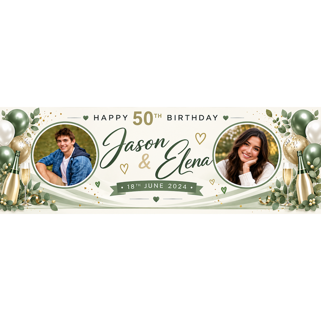 Champagne, Bubbles In 50th Birthday Pink Personalised Photo Banner