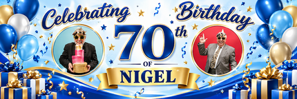 Blue And Yellow 70th Birthday Personalised Birthday Banner