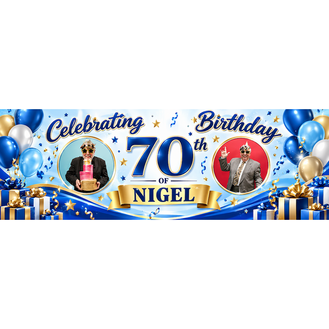 Blue And Yellow 70th Birthday Personalised Birthday Banner