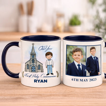 Personalised First Holy Communion Mug | Custom Photo Gift | Boy Navy or Girl Pink | Name & Date Keepsake