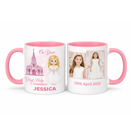 Personalised First Holy Communion Mug | Custom Photo Gift | Boy Navy or Girl Pink | Name & Date Keepsake