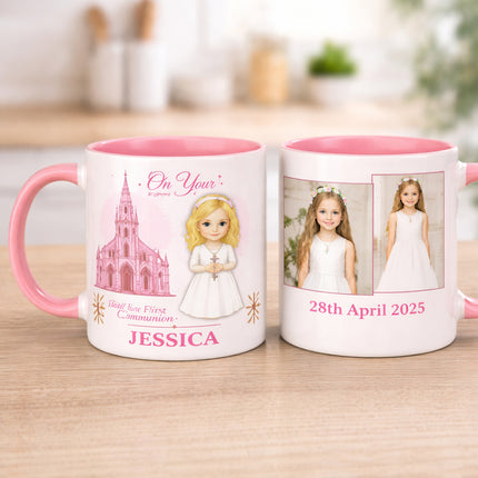 Personalised First Holy Communion Mug | Custom Photo Gift | Boy Navy or Girl Pink | Name & Date Keepsake