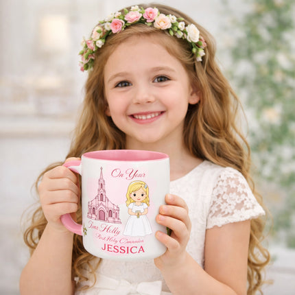 Personalised First Holy Communion Mug | Custom Photo Gift | Boy Navy or Girl Pink | Name & Date Keepsake