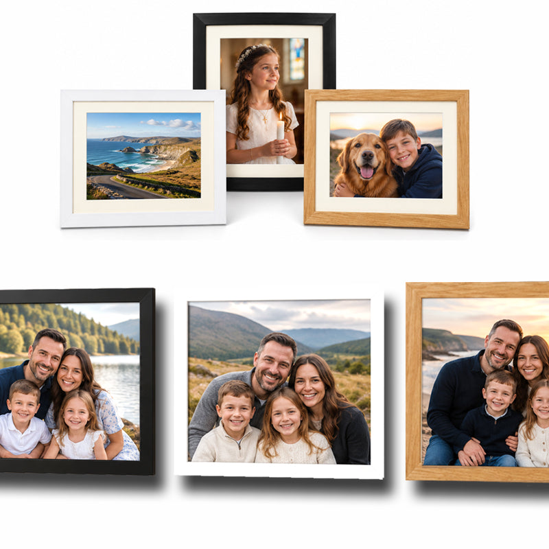 Framed and mounted photo prints alongside larger framed wall prints